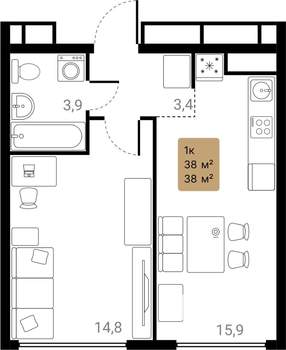 1-к квартира, вторичка, 38м2, 13/28 этаж