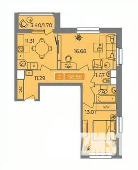 2-к квартира, вторичка, 59м2, 10/17 этаж