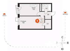 1-к квартира, вторичка, 43м2, 2/8 этаж