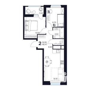 2-к квартира, строящийся дом, 48м2, 8/17 этаж