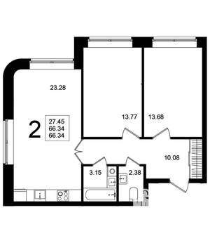 2-к квартира, строящийся дом, 66м2, 1/5 этаж