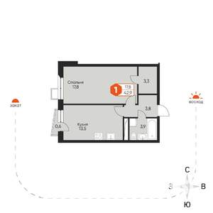 1-к квартира, вторичка, 43м2, 4/8 этаж