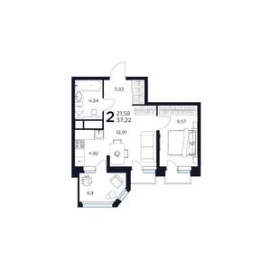 2-к квартира, строящийся дом, 37м2, 14/17 этаж