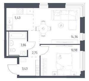 1-к квартира, вторичка, 41м2, 16/17 этаж