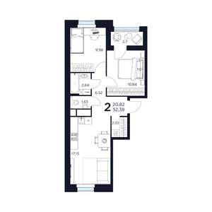 2-к квартира, строящийся дом, 52м2, 3/17 этаж