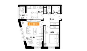 2-к квартира, вторичка, 61м2, 12/17 этаж