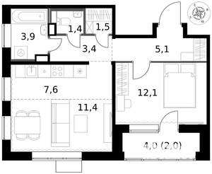 2-к квартира, вторичка, 48м2, 9/17 этаж