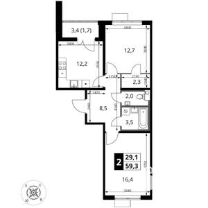 2-к квартира, вторичка, 59м2, 6/16 этаж