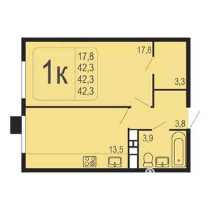 1-к квартира, строящийся дом, 42м2, 1/8 этаж
