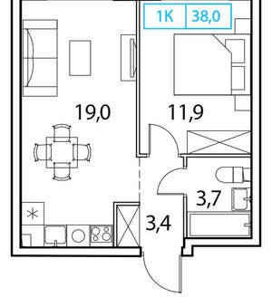 1-к квартира, строящийся дом, 38м2, 12/17 этаж