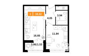 1-к квартира, строящийся дом, 38м2, 2/7 этаж