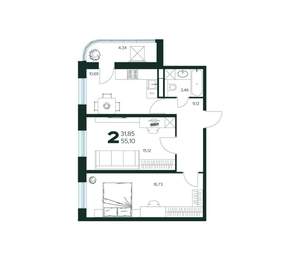 2-к квартира, вторичка, 55м2, 9/9 этаж