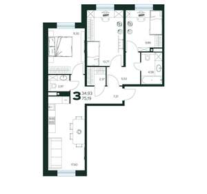 3-к квартира, вторичка, 75м2, 1/9 этаж