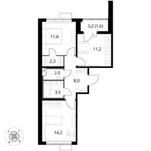 2-к квартира, вторичка, 54м2, 7/16 этаж