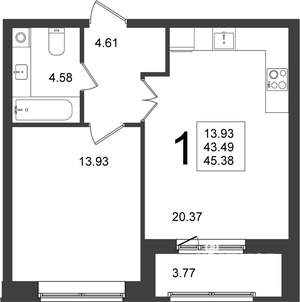 1-к квартира, строящийся дом, 45м2, 1/5 этаж