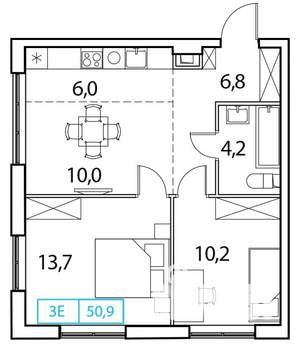 2-к квартира, вторичка, 51м2, 16/18 этаж