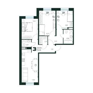 3-к квартира, вторичка, 75м2, 1/9 этаж