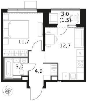 1-к квартира, вторичка, 34м2, 14/17 этаж