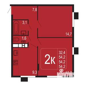 2-к квартира, строящийся дом, 54м2, 1/8 этаж