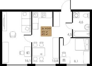 2-к квартира, вторичка, 47м2, 23/28 этаж