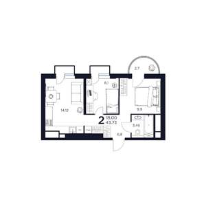 2-к квартира, строящийся дом, 44м2, 17/17 этаж