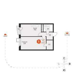 1-к квартира, вторичка, 43м2, 8/8 этаж