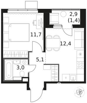 1-к квартира, вторичка, 34м2, 17/17 этаж