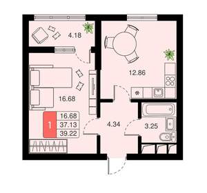 1-к квартира, вторичка, 39м2, 3/20 этаж