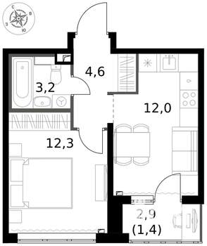 1-к квартира, вторичка, 34м2, 2/17 этаж