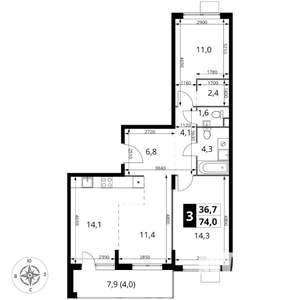3-к квартира, вторичка, 74м2, 17/17 этаж