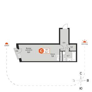 1-к квартира, строящийся дом, 35м2, 3/8 этаж