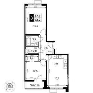 3-к квартира, вторичка, 63м2, 3/17 этаж