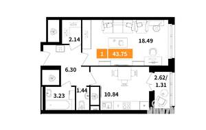 1-к квартира, вторичка, 44м2, 2/14 этаж