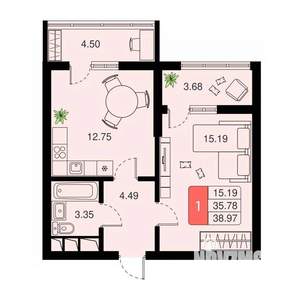 1-к квартира, вторичка, 39м2, 13/20 этаж