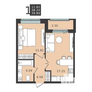1-к квартира, строящийся дом, 40м2, 1/5 этаж
