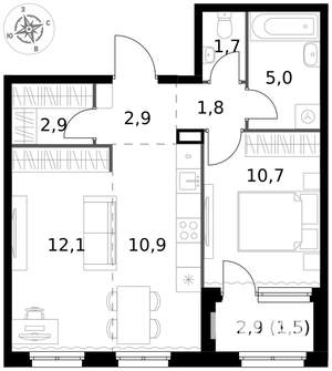 2-к квартира, вторичка, 50м2, 1/17 этаж