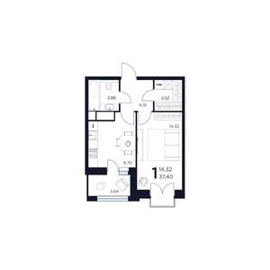 1-к квартира, строящийся дом, 37м2, 8/15 этаж