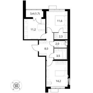 2-к квартира, вторичка, 55м2, 10/16 этаж
