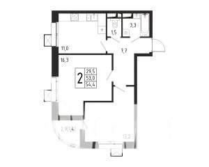 2-к квартира, строящийся дом, 54м2, 2/10 этаж