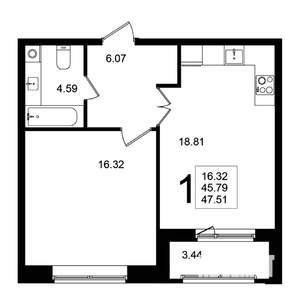 1-к квартира, строящийся дом, 48м2, 1/5 этаж