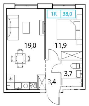 1-к квартира, строящийся дом, 38м2, 8/18 этаж