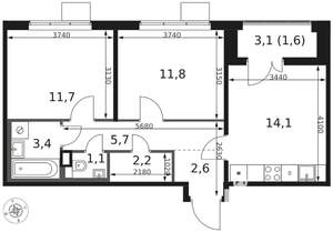 2-к квартира, вторичка, 54м2, 8/8 этаж