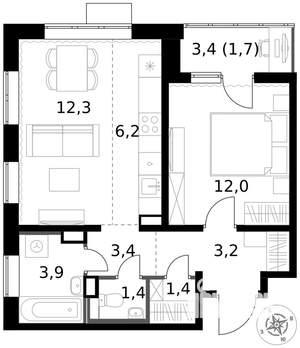 2-к квартира, вторичка, 46м2, 3/17 этаж