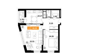 2-к квартира, вторичка, 61м2, 12/17 этаж