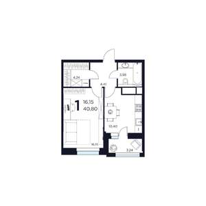 1-к квартира, строящийся дом, 41м2, 2/15 этаж