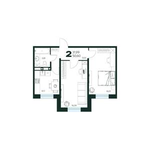 2-к квартира, вторичка, 51м2, 1/9 этаж