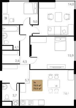 3-к квартира, вторичка, 80м2, 13/28 этаж