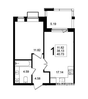 1-к квартира, строящийся дом, 41м2, 5/5 этаж