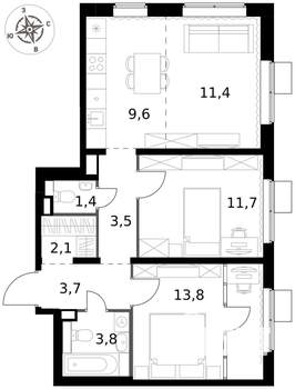 3-к квартира, вторичка, 61м2, 2/17 этаж