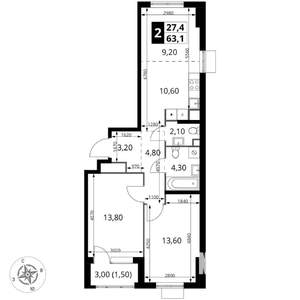 2-к квартира, вторичка, 63м2, 10/17 этаж
